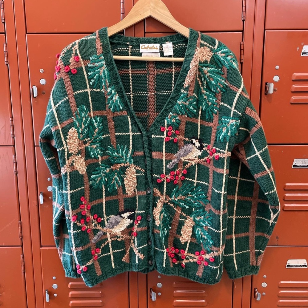 Cabela’s Green Holiday Cardigan with Chickadee Bird and Pine tree Design medium